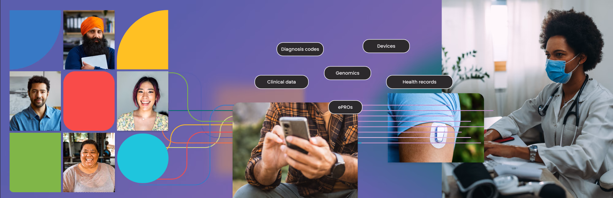 Collage of clinical study participants, a person engaging in research via their mobile phone, diverse health data types, and research coordinators.