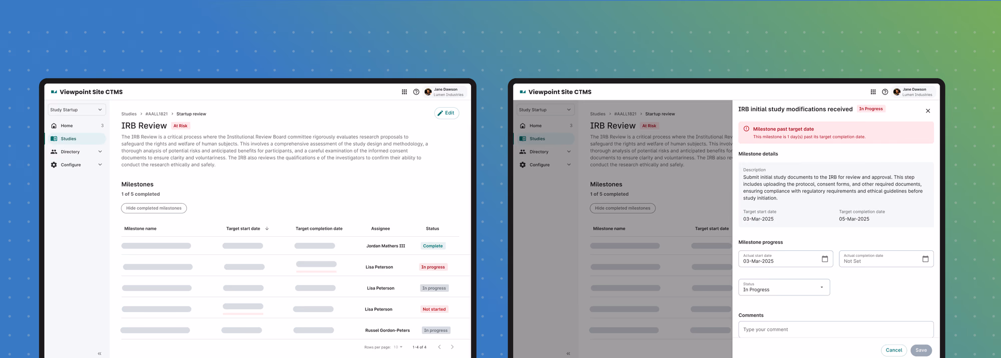 Simulated views of Verily Viewpoint Study Start Up, featuring how sites can seamlessly ensure all necessary activation steps are taken, such as IRB review, feedback, and approval.