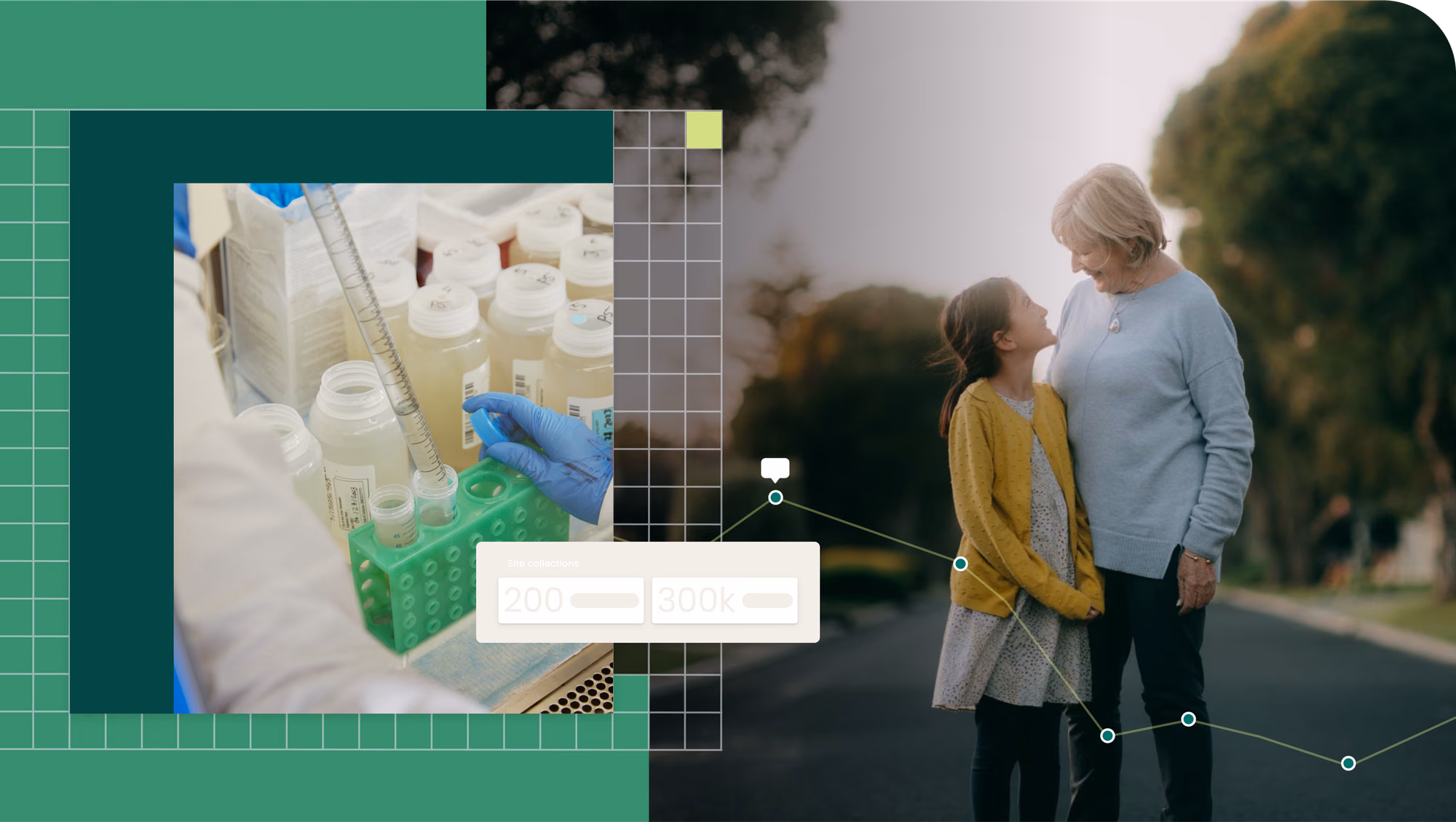 Grandmother and grand daughter looking at each other alongside close up of scientist in gloves working in a lab.