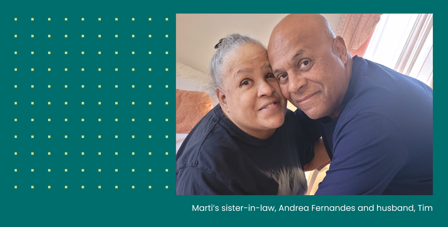Marti Fernandes’s husband and sister-in-law embracing and smiling for a photo. Marti is a Verily Care Lead, Engagement Specialist, and brings more empathy to work from caring for family with diabetes.