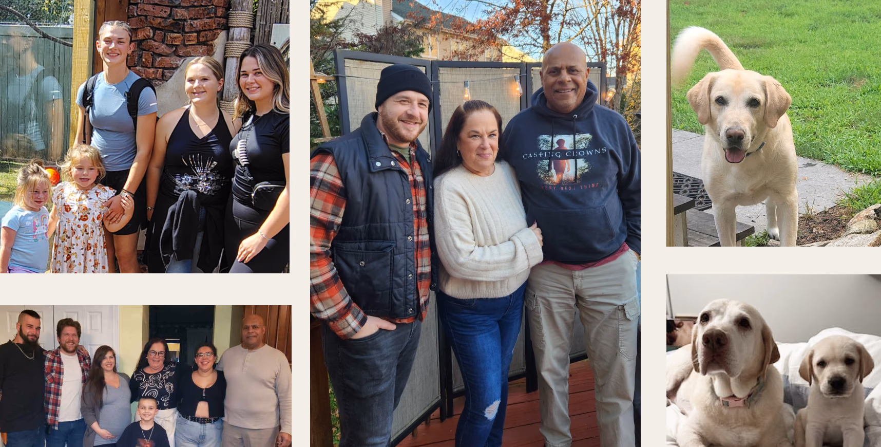 A collage of photos of Verily Care Lead and Engagement Specialist, Marti Fernandes's cherished family and labs that the family breeds and often donates to people in need of healing.