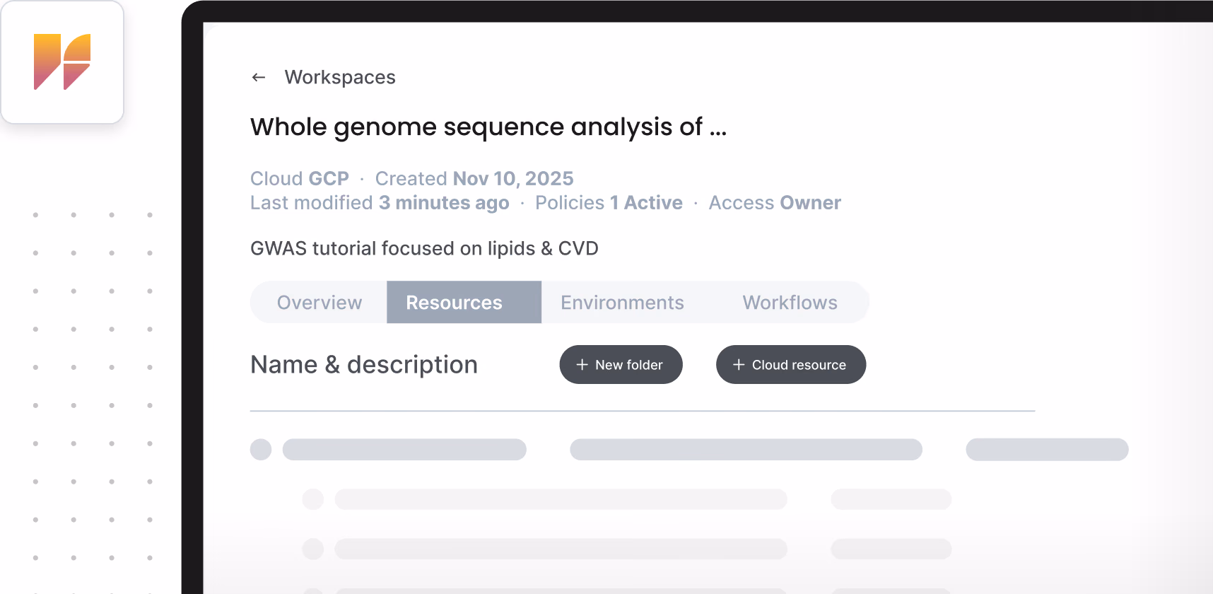 Visualization of Verily Workbench interface showing sample workspace
