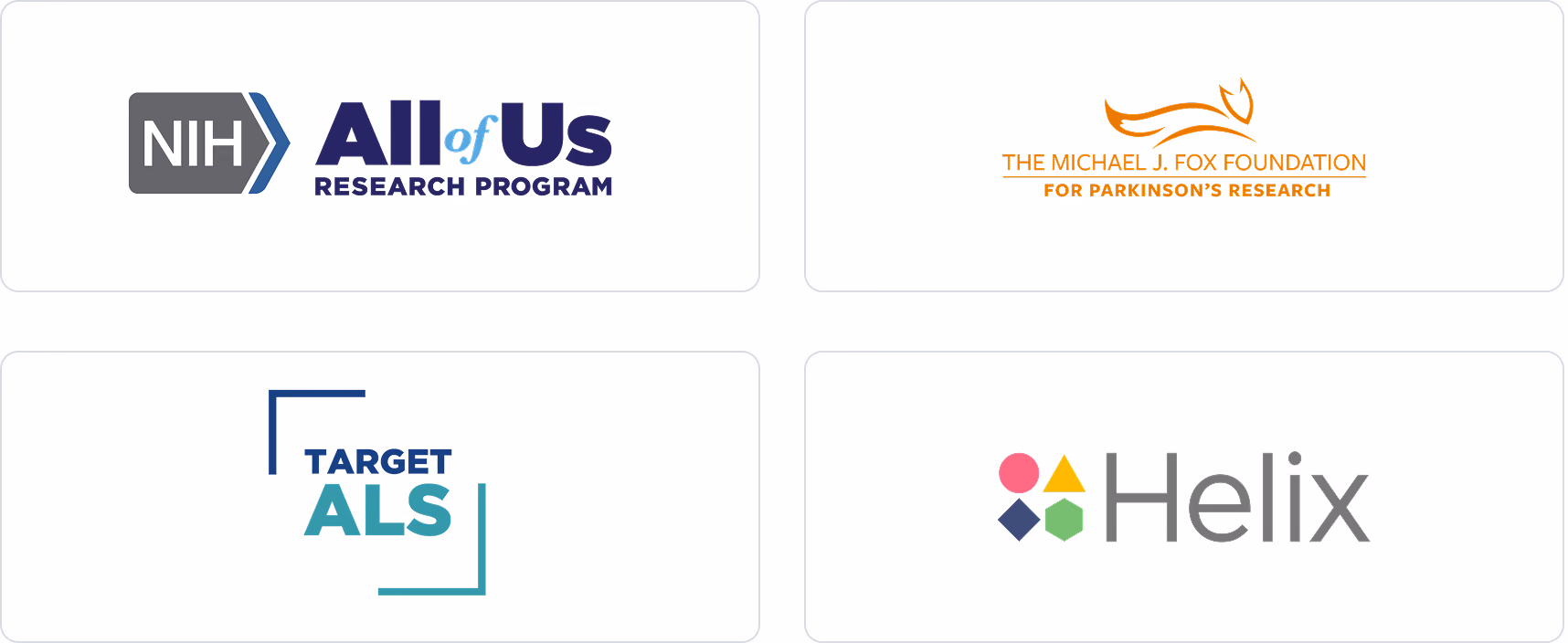Partner logos including: NIH’s All of Us, The Michael J Fox Foundation for Parkinson’s Research, Target ALS and Helix