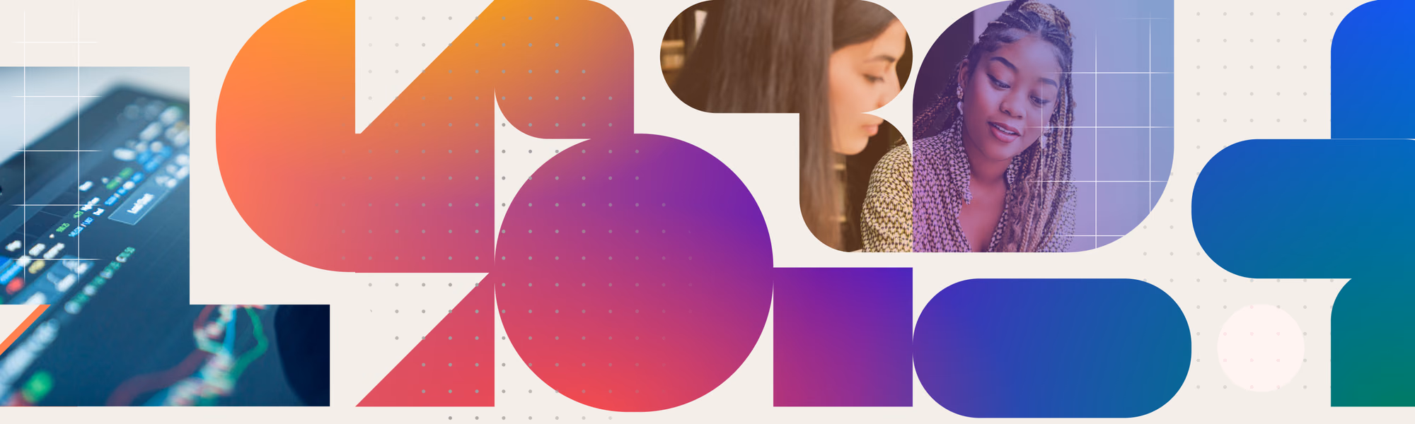 A collage featuring geometric shapes in orange, purple, and blue gradients. On the left, a dashboard screen shows data analysis. On the right, two researchers discussing data findings.