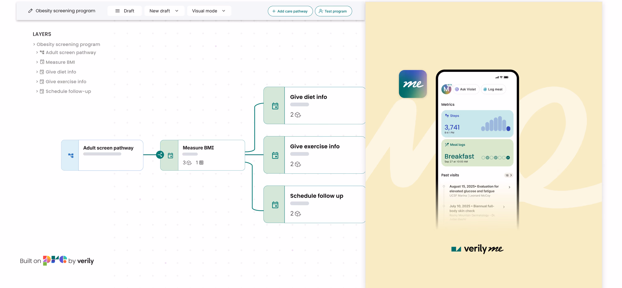 Verily Me user interface and a visual representation of the backend technology for the Obesity screening program.