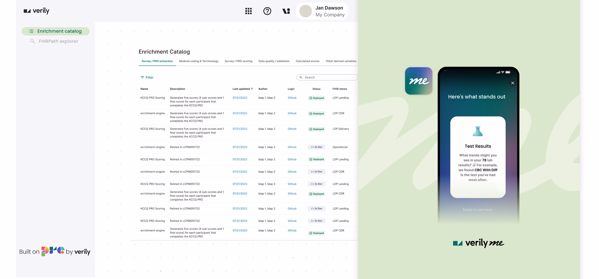 Verily Me user interface and a visual representation of the backend technology for the enrichment catalog in Verily Exchange.