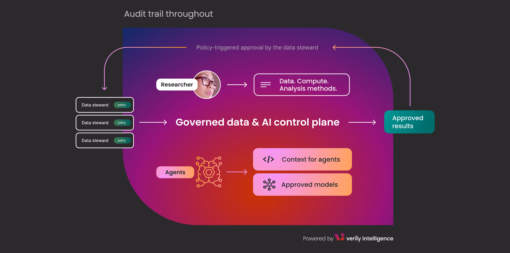 A diagram titled "Audit trail throughout" showing how data stewards, researchers, and AI agents interface with a central governed data and AI control plane to deliver approved results.