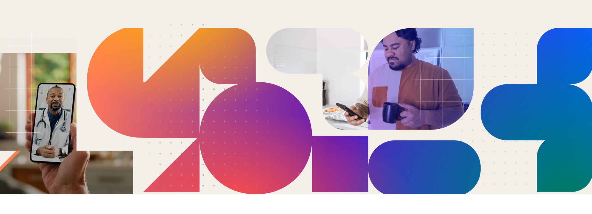 A collage featuring geometric shapes in orange, purple, and blue gradients. On the left, a smartphone screen shows a video call with a doctor. On the right, a man in a kitchen looks at his phone while holding a mug, illustrating digital healthcare connectivity.