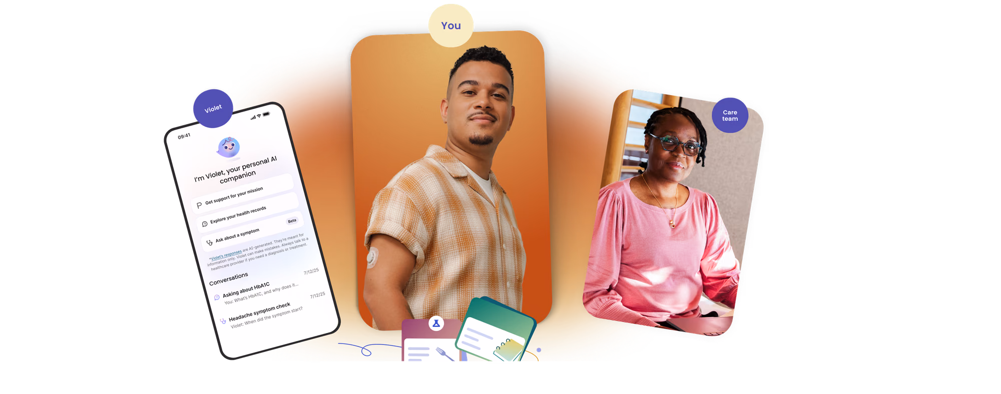 Three panels featuring two photographs (a patient and a care provider) and an illustration of the AI care companion, Violet. 