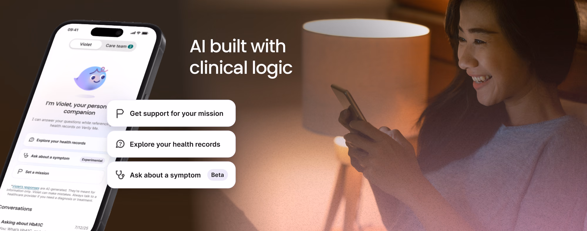 A woman interacts with AI, getting support on setting a mission, exploring health records and asking Violet about a symptom.