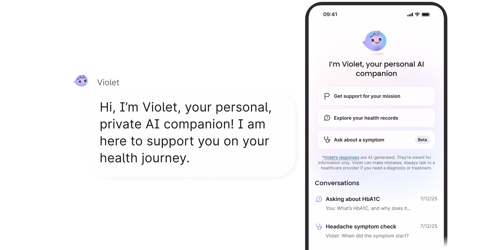 An illustration of Verily’s "Violet," an AI health companion, featuring a smartphone with a chat interface introducing Violet as a personal, private AI companion for a patient's health journey.