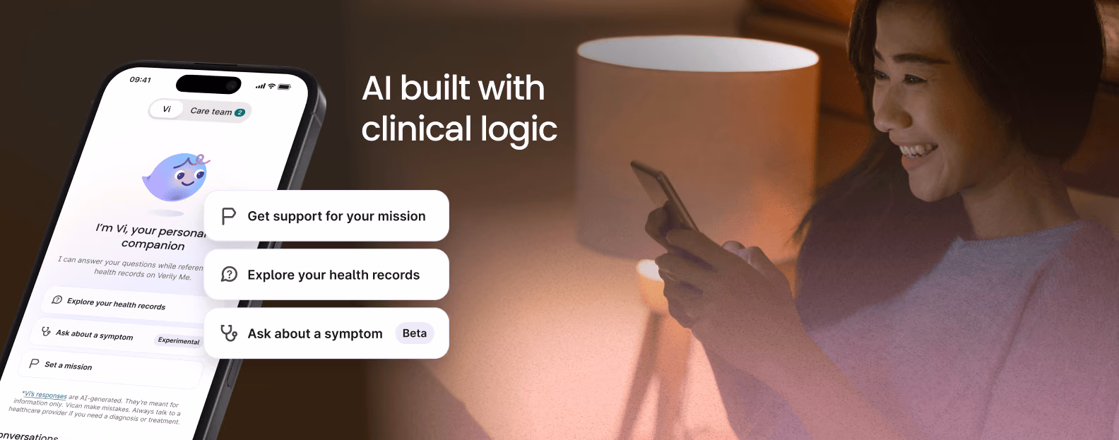 A woman interacts with AI, getting support on setting a mission, exploring health records and asking Violet about a symptom.