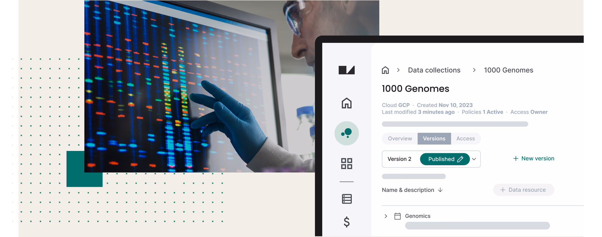 Collage of a bioinformatics researcher and simulated genomic data collection within Verily Workbench data analytics workspace for biomedical research.