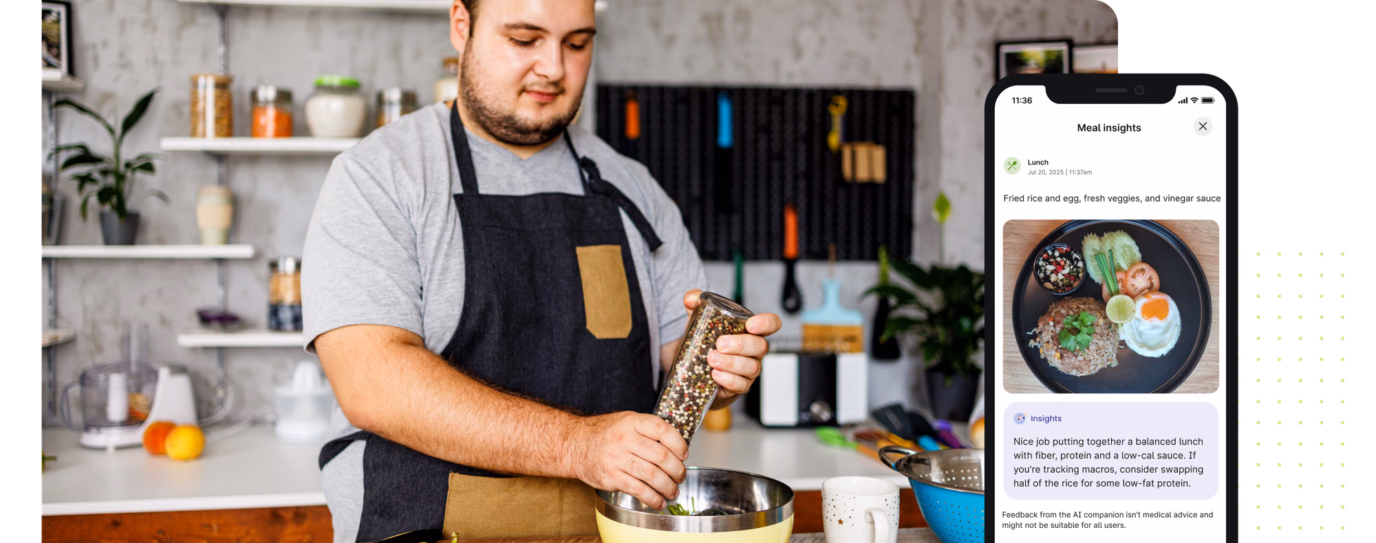Collage of an overweight man in his twenties making a meal and a simulated view meal logging on a smart phone.