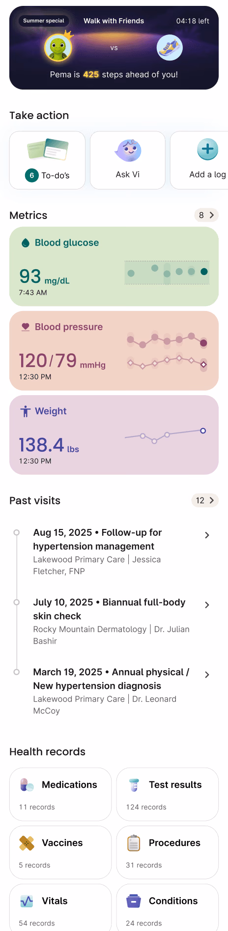 Middle card shows a smartphone with in-app UI screens from Verily Me, including a diabetes screening notification, step data, and blood pressure readings. The Verily Me logo, which says “me” in script appears at the top.