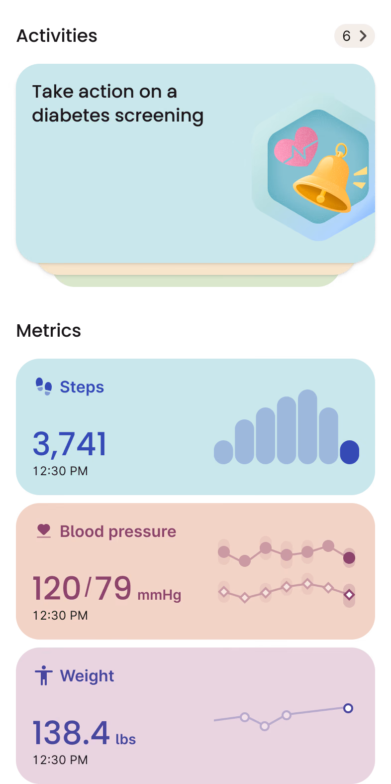 Middle card shows a smartphone with in-app UI screens from Verily Me, including a diabetes screening notification, step data, and blood pressure readings. The Verily Me logo, which says “me” in script appears at the top.