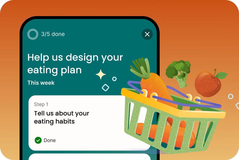 Verily Me app displaying help us design your eating plan with a completed first step and a shopping basket graphic filled with fresh produce.