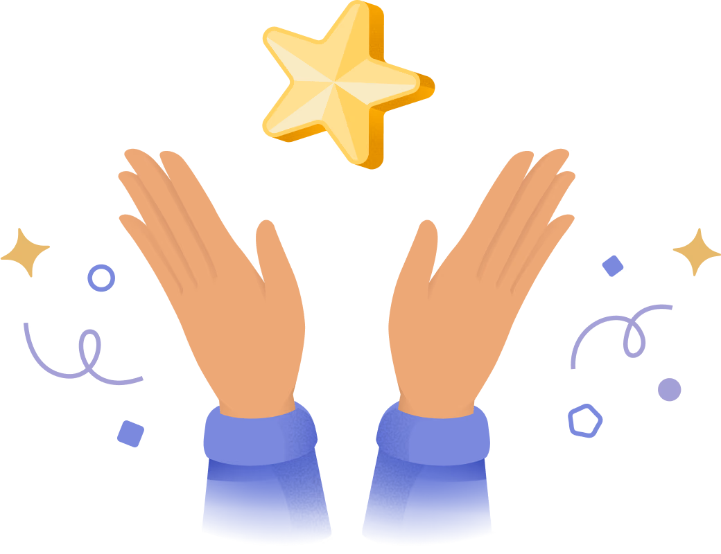 Graphic illustration of two hands reaching up toward a glowing yellow star, surrounded by celebratory confetti elements.