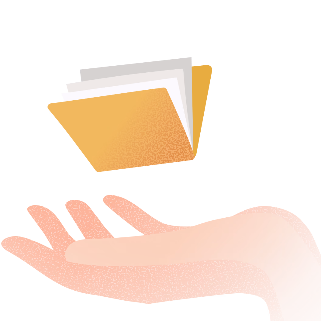 Illustration shows an open hand below a yellow folder full of white papers