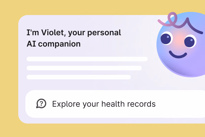 UI of chat conversation with Violet. Large image of Violet in the upper right corner. On a yellow background.