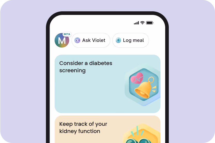 Phone screen shows Verily Me app modules for diabetes screening and tracking kidney function