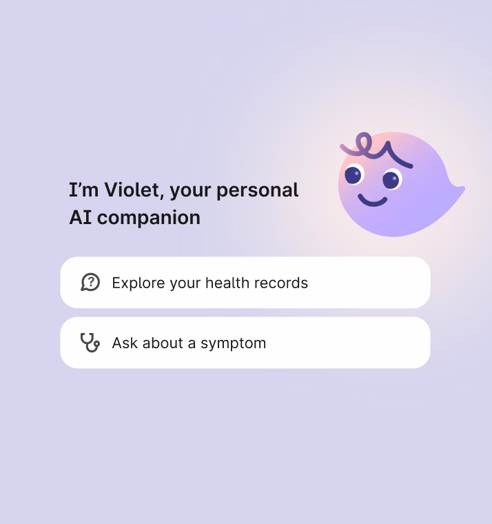 In-app module with Violet gives members the option to reach out to the care team, ask about a symptom, get support for a mission, or explore health records.