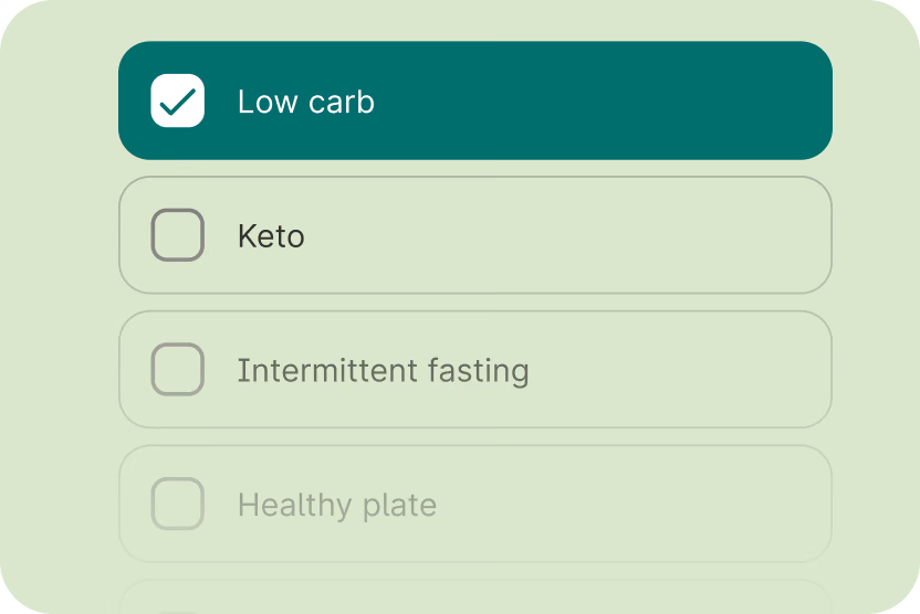 In-app UI of list of preferred diet options with checkboxes.