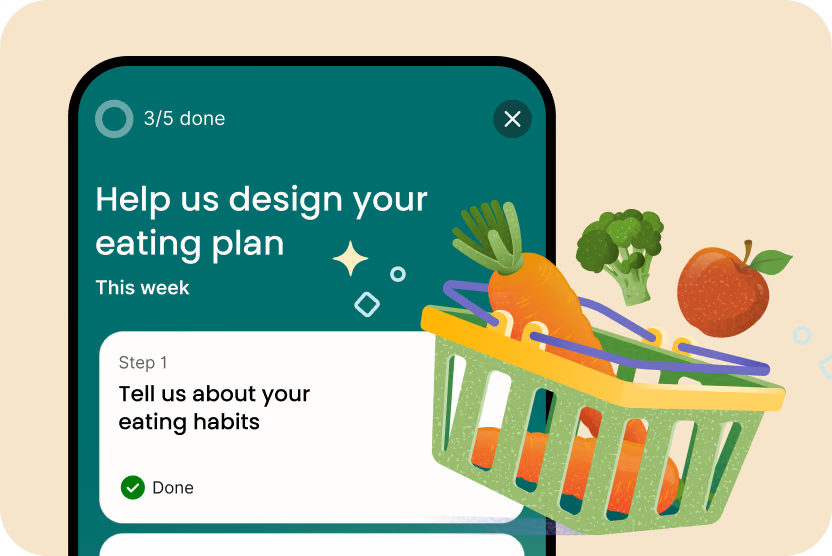 In-app UI of a mission card to create a meal plan. Overlaid on the card and UI is an illustration of a grocery basket with vegetables and fruits inside and above the basket.