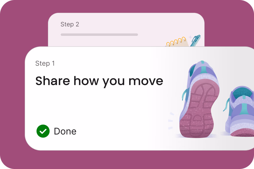 In-app UI of a mission card with step 1 and an illustration of running shoes.