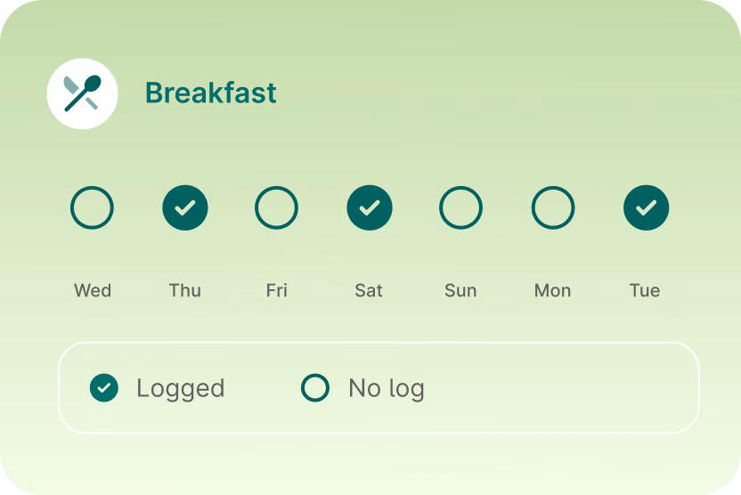 In-app UI of green meal logging screen.