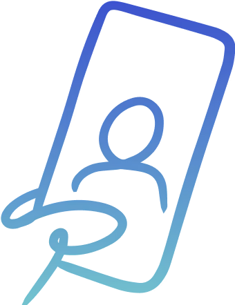 Illustration of a blue outline of a phone with a line drawing of a person on the phone screen.