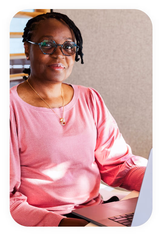 Card on the right shows a black woman with glasses and a pink shirt at a computer with “Care team” written in a purple circle at the top.